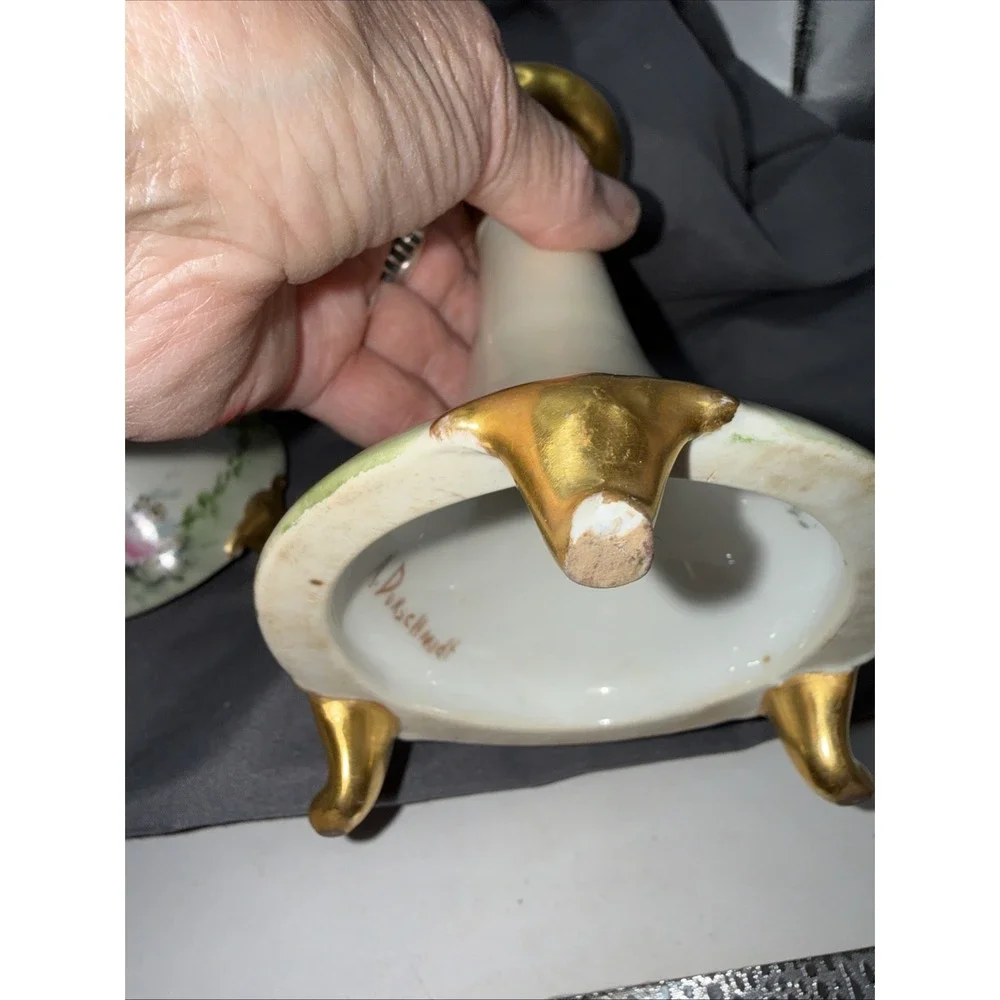 Limoges France Hand Painted Porcelain Candlesticks Gold Gilt Floral VTG Signed